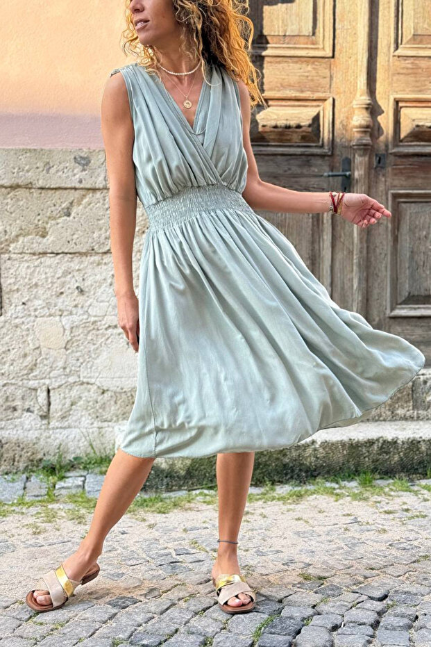 Italian Khaki K Double-Breasted Collar Shoulder B Ruched Y Soft-Textured Elastic Waist D Woven Dress 110 35
