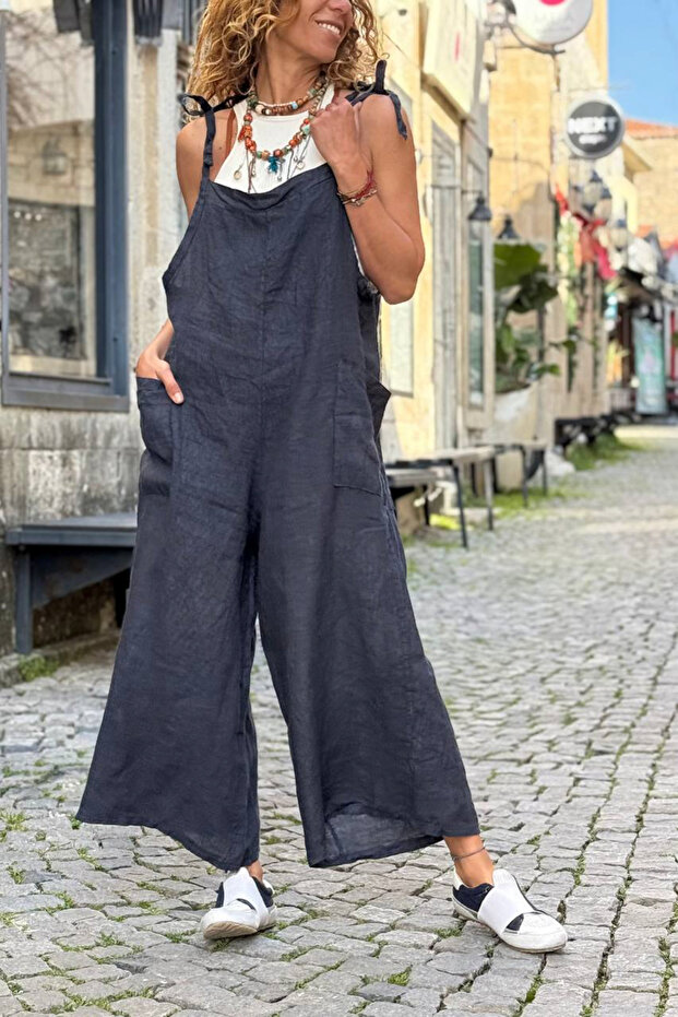 Italian Anthracite Shoulder Strap B Tie-Detail Strap C Pocketed B Wide-Leg K Linen Casual D Woven Overalls 110 50