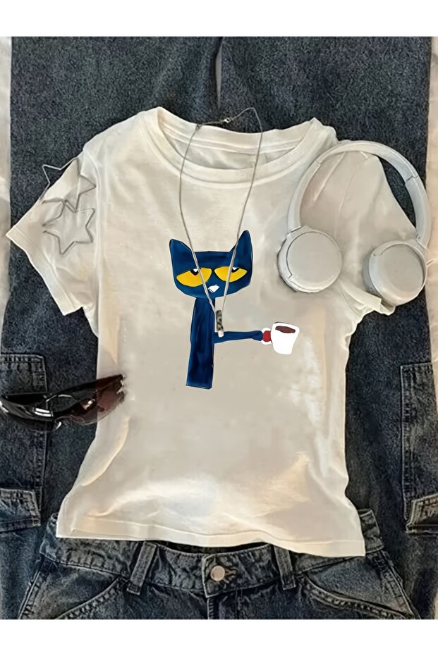 Belt Boy "Monday Mood" Kahveci Kedi Cropped Blouse