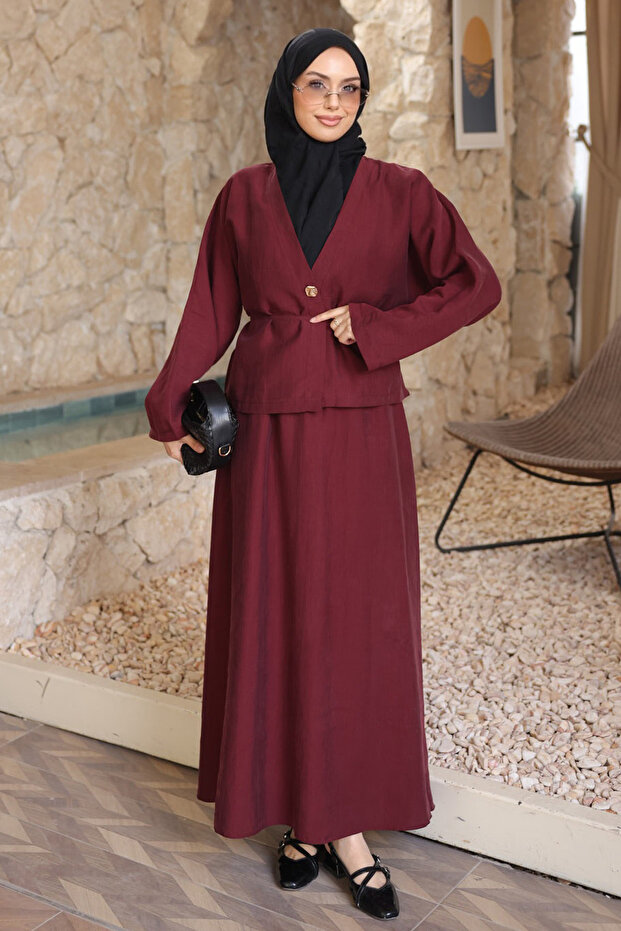 Burgundy Bat Sleeve Jacket and Skirt Set