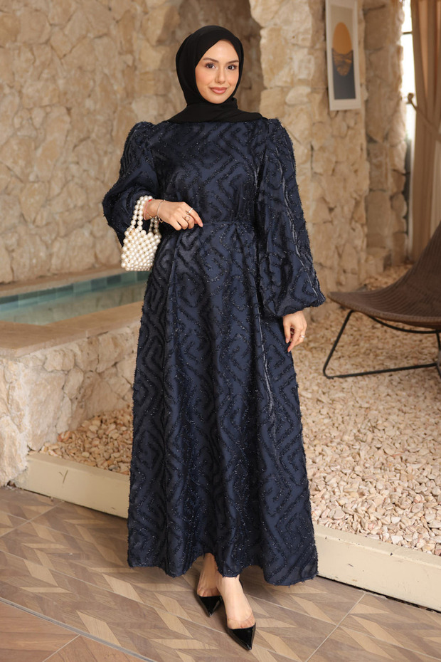 Navy Blue Balloon Sleeve Belted Dress