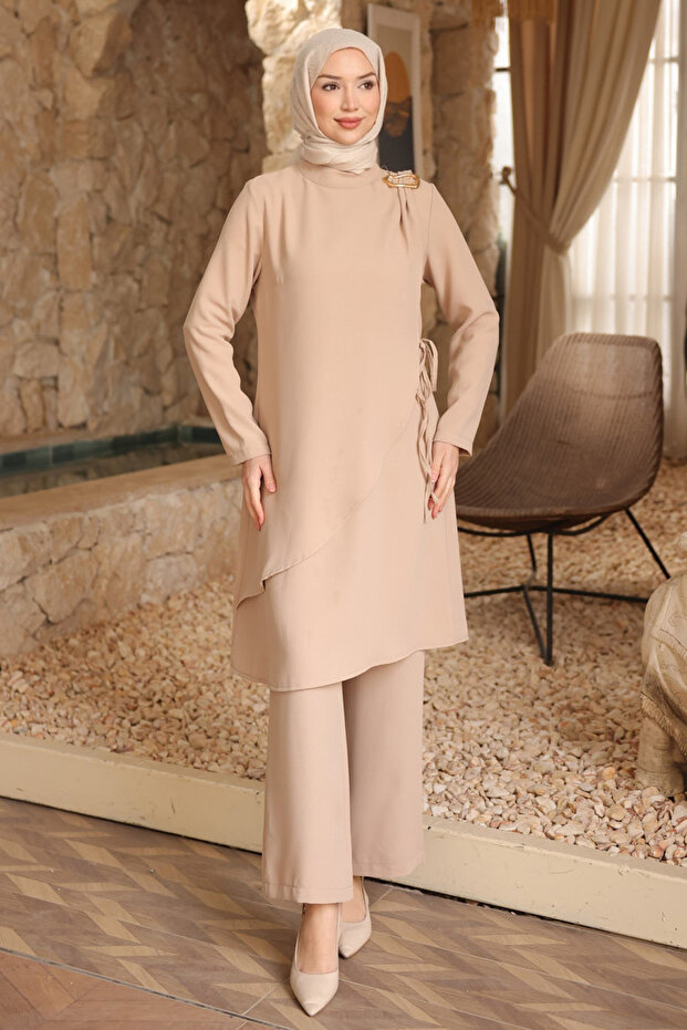Beige Waist Tie Tunic Trousers Suit