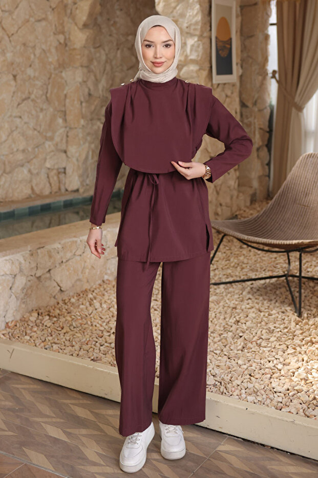 Plum Shoulder Buttoned Waist Belted Trouser Suit