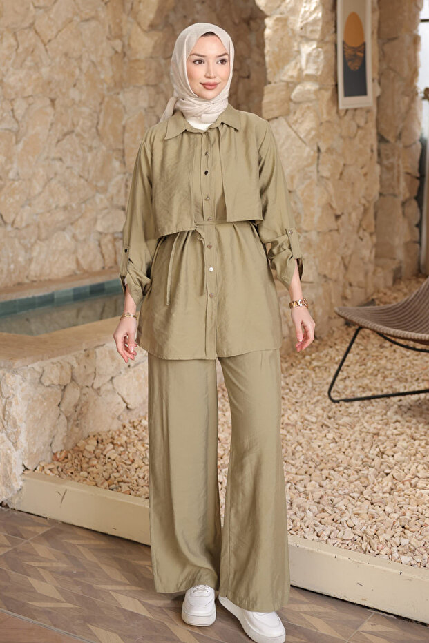 Khaki Front Allerli Sleeve Epaulet Tunic with Pants Modal Set