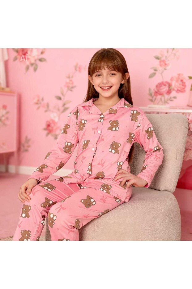 Pink Color Teddy Bear Pattern Shirt Collar Milan Fabric Spring Buttoned Girls' Pajama Set