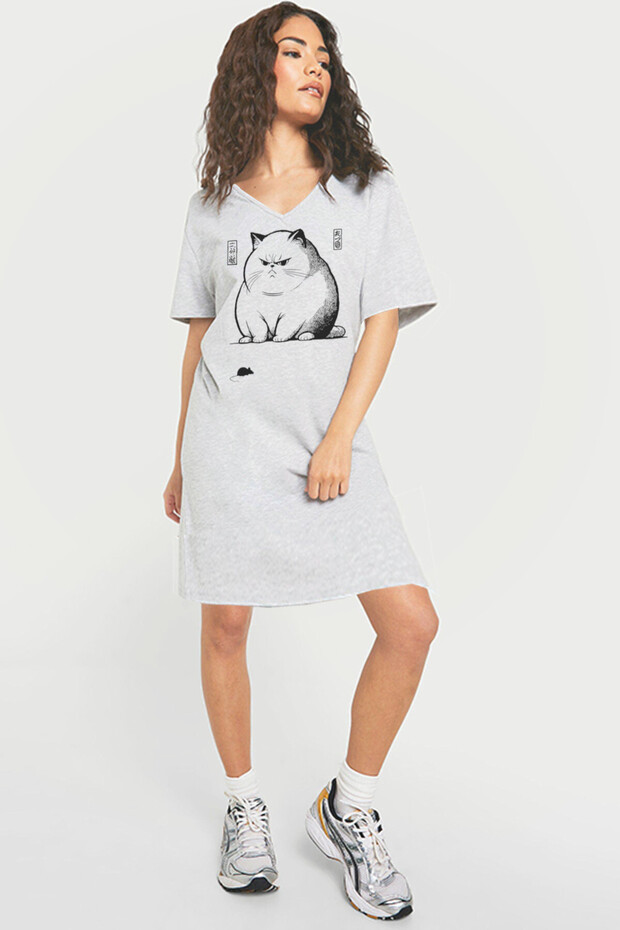 Cat Mouse Gray V-Neck Half Sleeve Knee Length Comfortable Home Dress Nightgown