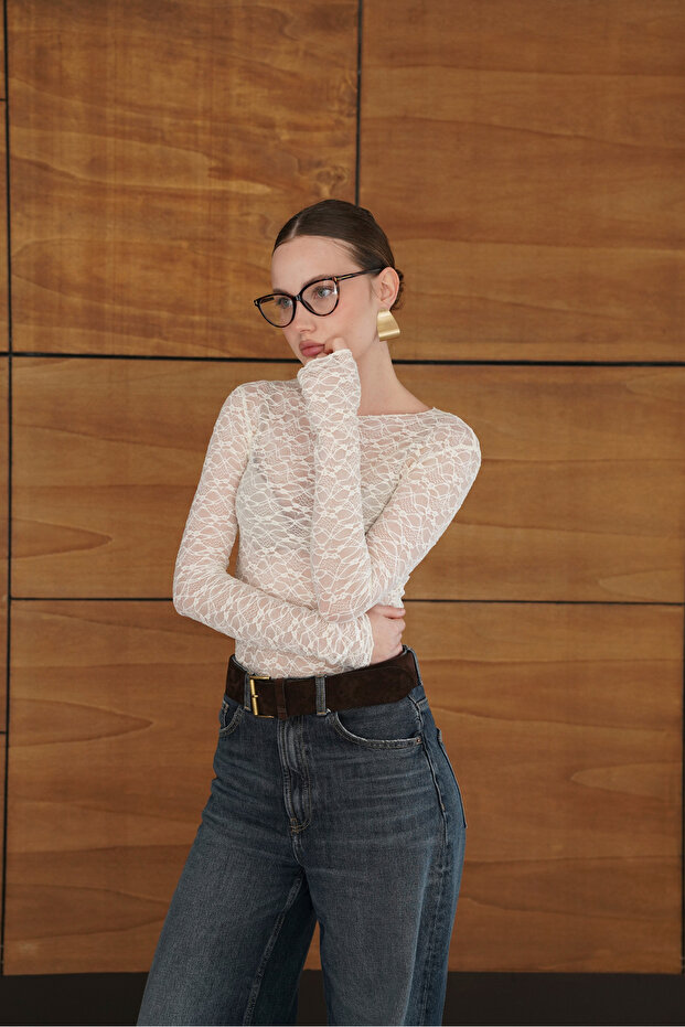 Slim Fit Crew Neck Long Sleeve Semi Sheer Lace Blouse