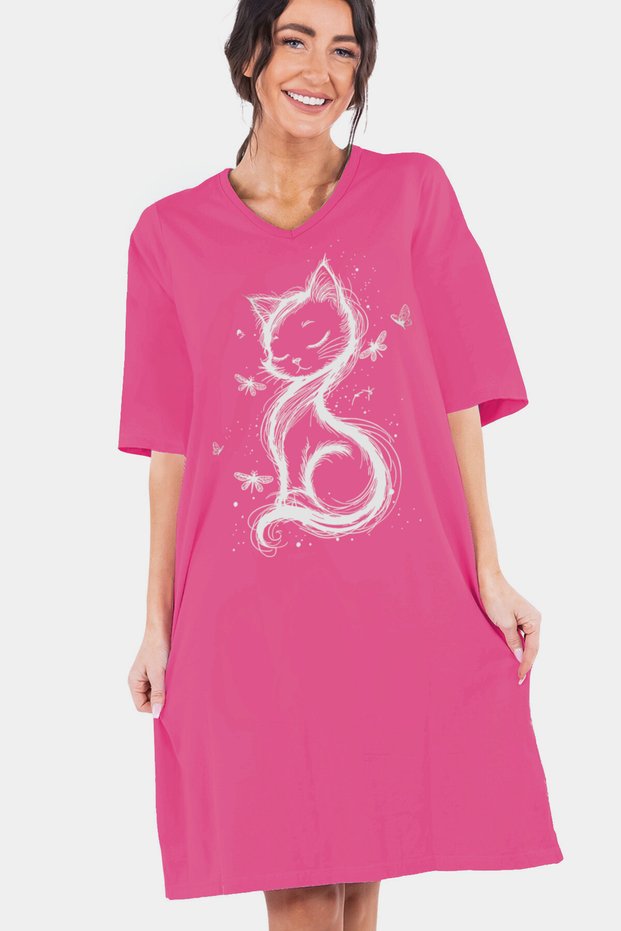 Cat Princess Fuchsia V-Neck Half Sleeve Knee Length Comfortable Home Dress Nightgown