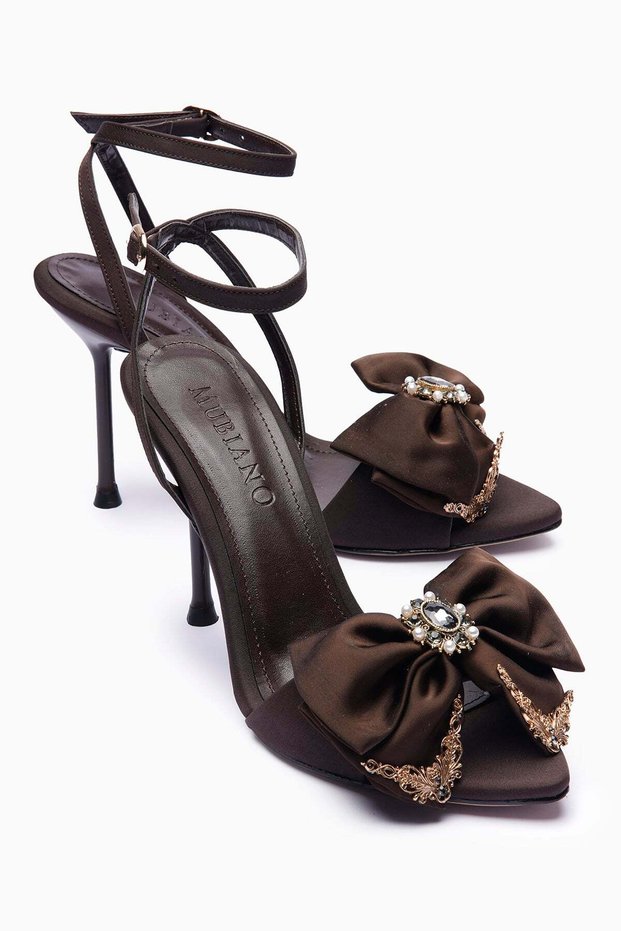 Women's Satin Heeled Shoes Ankle Strap Bow Detail Stone Stylish Evening Dress Sandals Rosina Brown