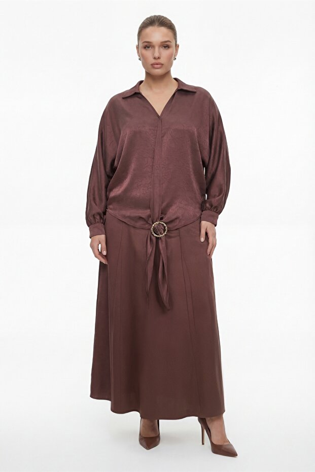Women's Brown Summer Casual Dress with Accessories Top and Bottom Set