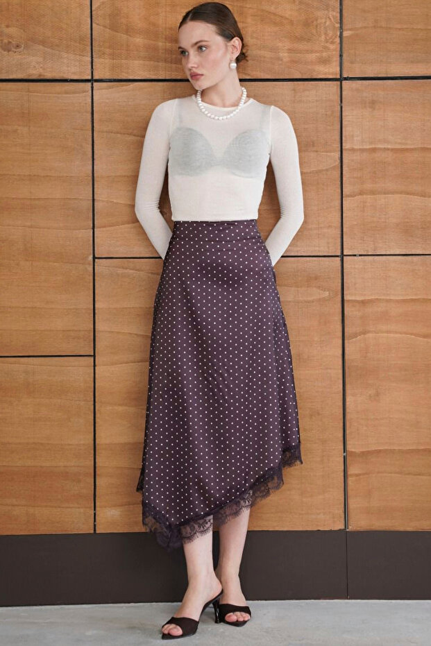 Lace Detailed Polka Dot Midi Satin Skirt