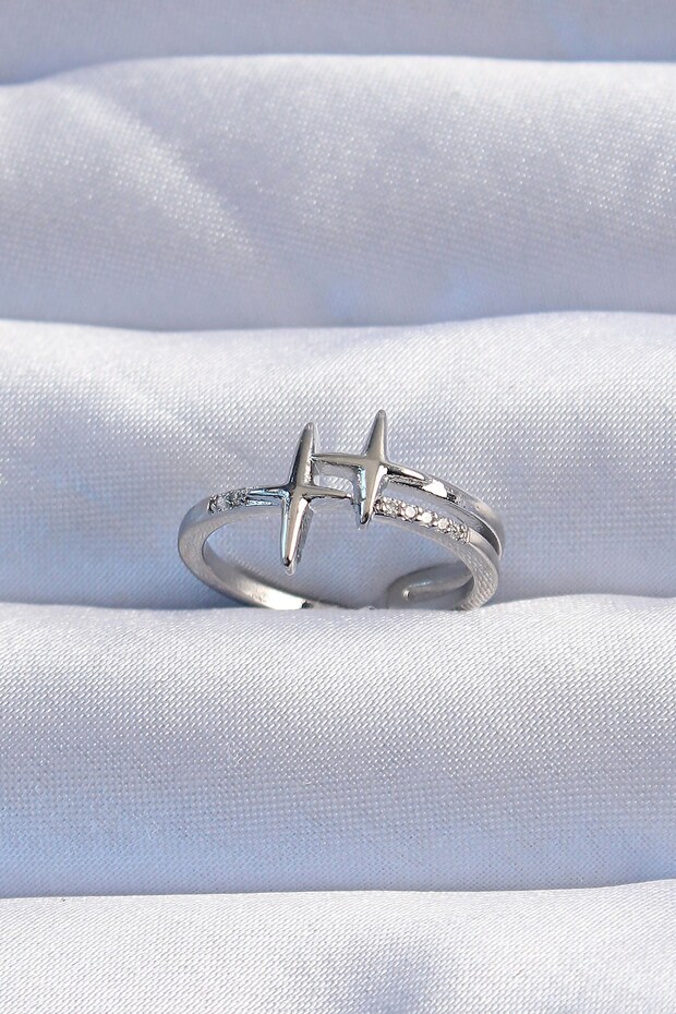 Brass Silver Color Zircon Stone 2-Piece Appearance Adjustable Star Model Ring