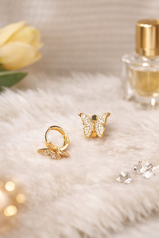 Zircon Stone Butterfly Earrings Gold Color