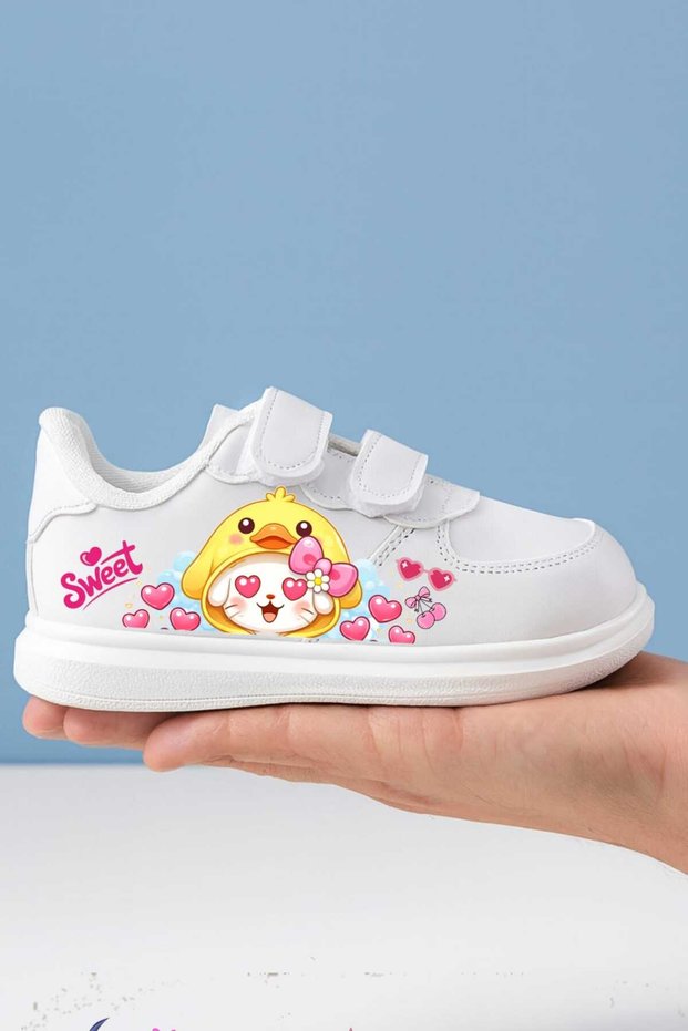 Sweet Yellow Love Cat Printed Girls' Sports Shoes with Straps Sneakers