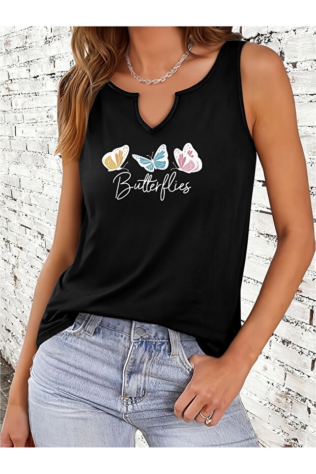Women's Butterfly Printed Half V-Neck Sleeveless Regular Fit Casual T-Shirt