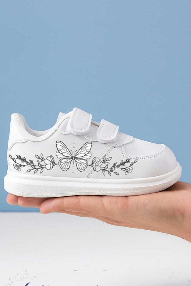 Animated Character Printed Girls' and Boys' Sports Shoes with Velcro Fasteners and White Sneaker Bands
