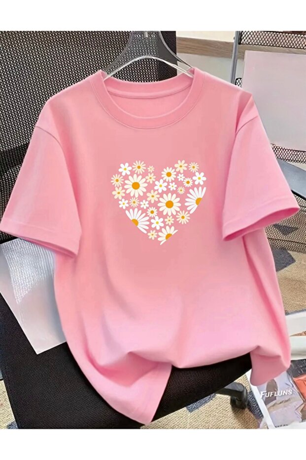 Daisy Heart Printed Unisex Women'S/Men's Oversize Crew Neck T-Shirt