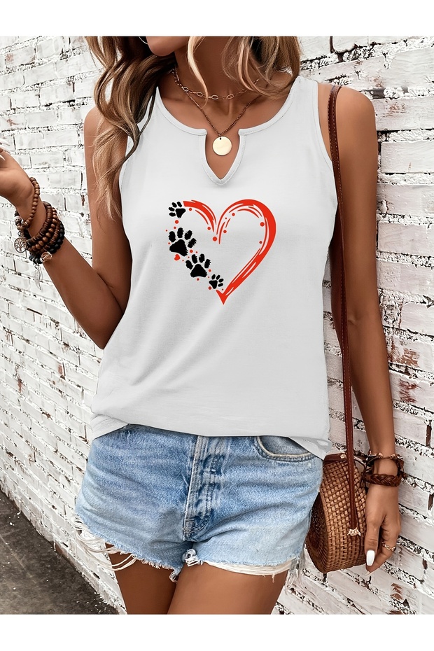 Women's Paw Heart Printed Half V-Neck Sleeveless Regular Fit Casual T-Shirt