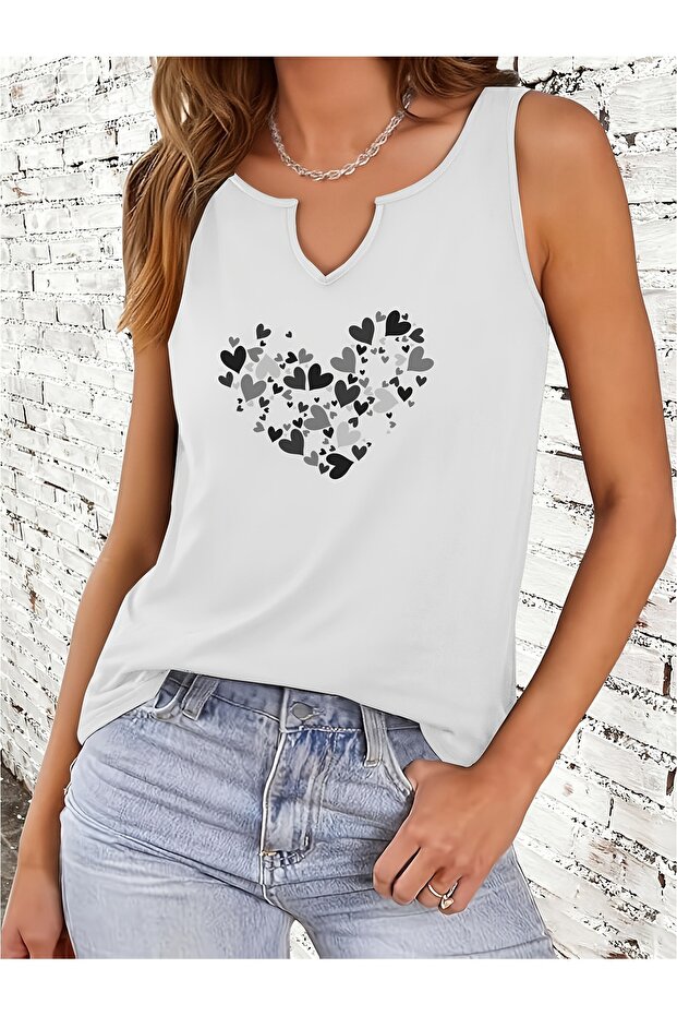 Women's Heart Printed Half V-Neck Sleeveless Regular Fit Casual T-Shirt