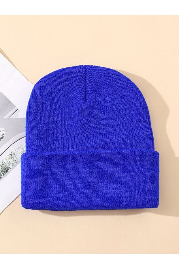 Navy Blue Unisex Folded Knitwear Plain Beret