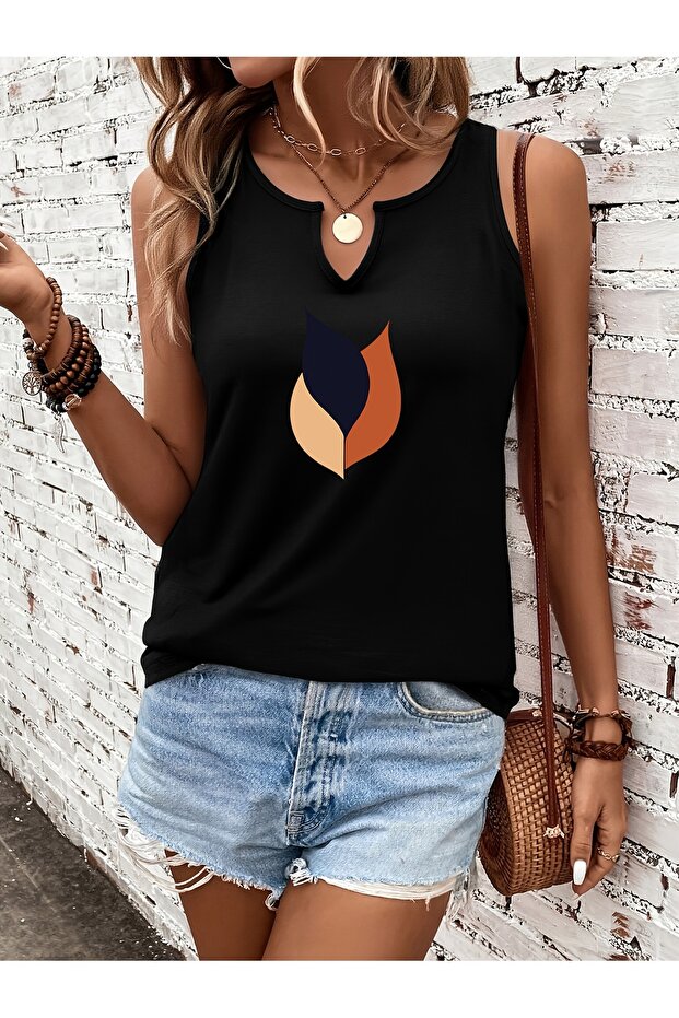 Women's Mix Printed Half V-Neck Sleeveless Regular Fit Comfortable T-Shirt