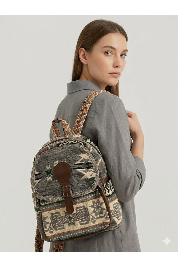 Women's Vintage Patterned Capa Capa Backpack - Bohemian Style Authentic Daily Wear Bag