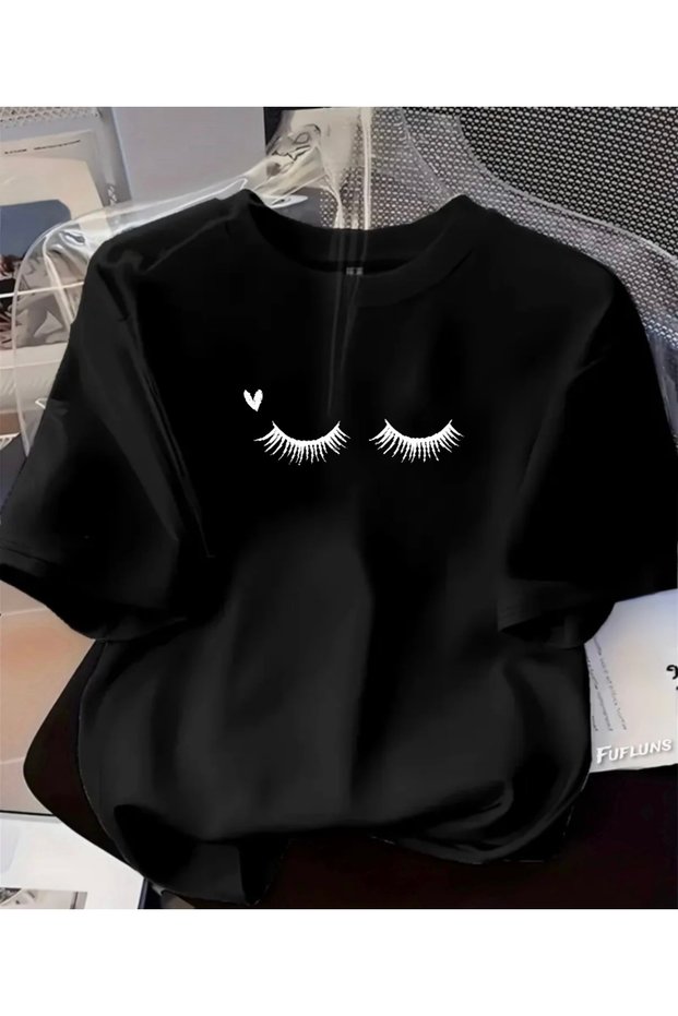 Heart Eyelash Printed Unisex Women'S/Men's Oversize Crewneck T-Shirt