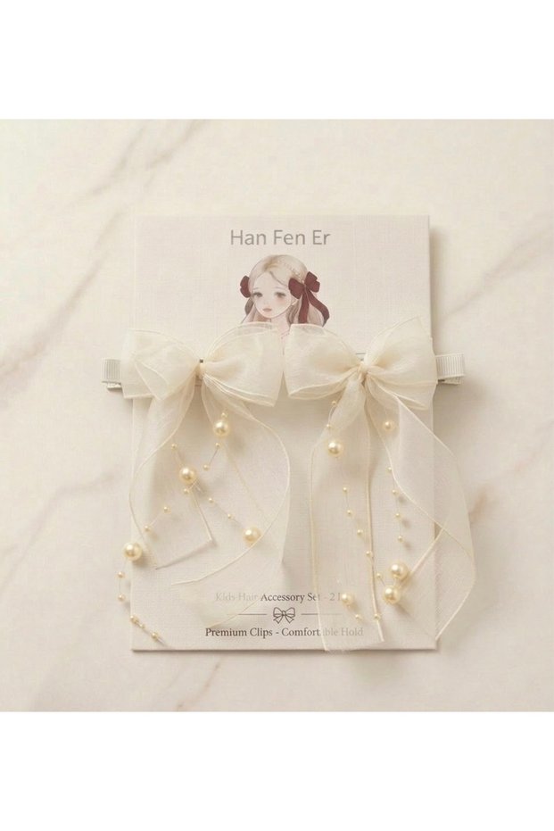Handmade, Special Design French Model Girls' Hair Clip Set with Pearls and Transparent Ribbons (2 Pieces)