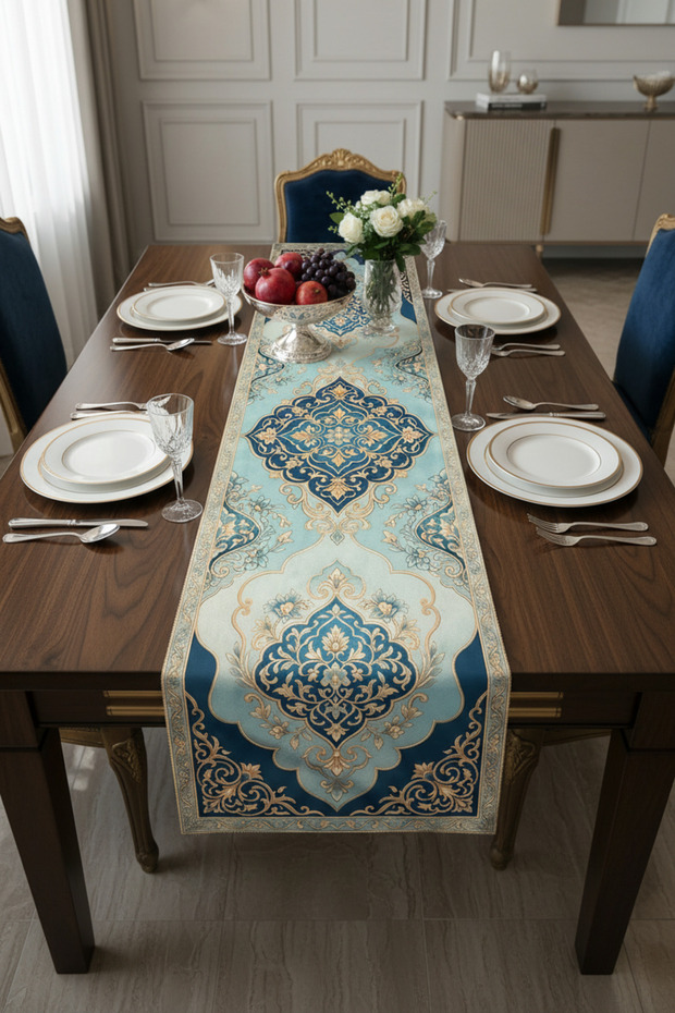 Luxury Italian K Velvet m Tablecloth R Table Runner 40X140 cm Turquoise Gold D Patterned Stylish Living Room Tableware Decor