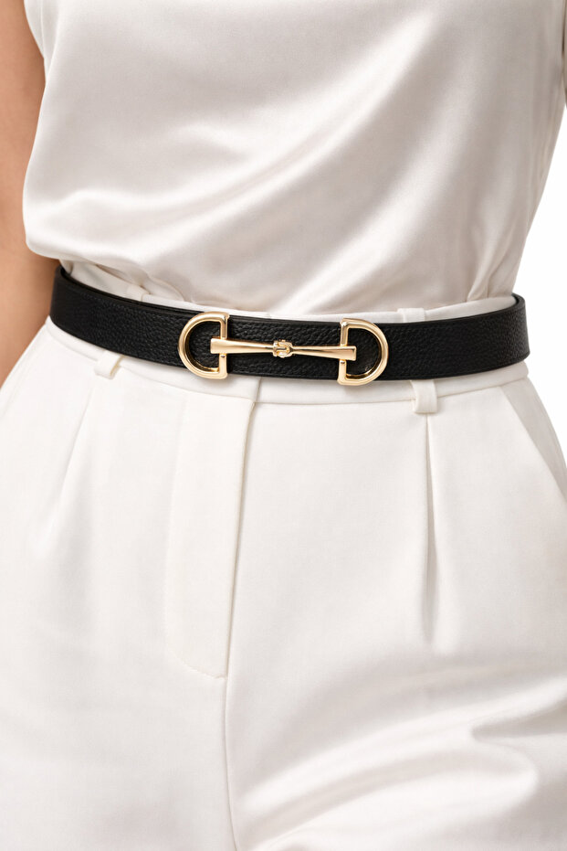 Imperio Gold D Buckled Reversible Black & Tan Women's Belt