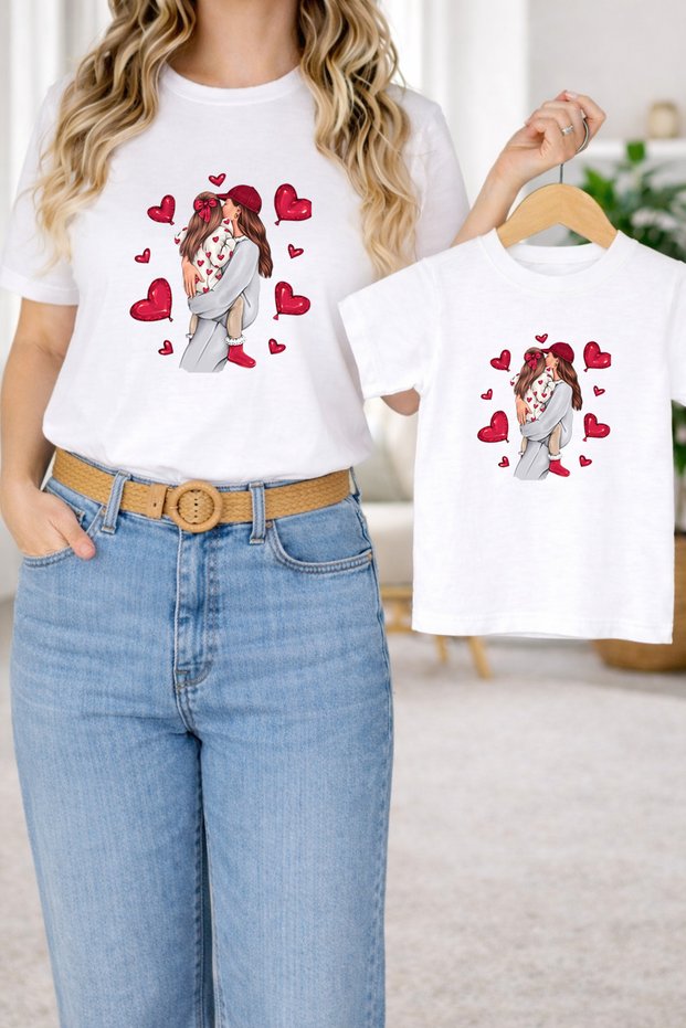 T-Shirt Mother Daughter Combination Oversized – Mother & Child Twin T-Shirt Love-Mom Print (Single Price)