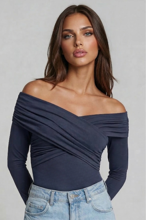 WOMEN'S CROSSOVER COLLAR DRAPED DETAIL STRETCHY FABRIC DESIGN BLOUSE