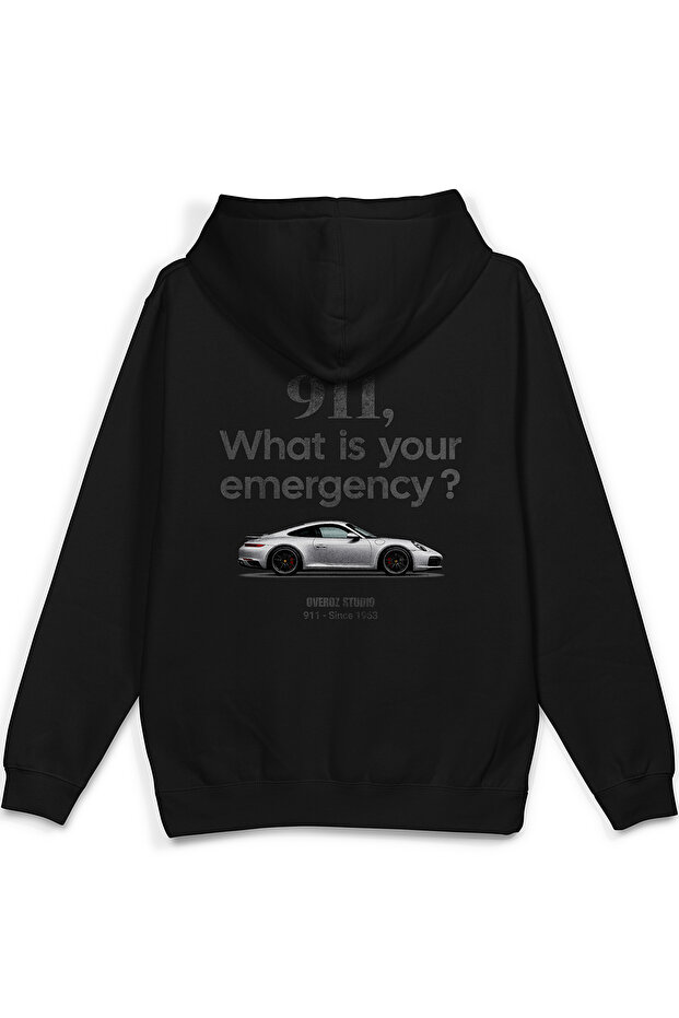 911 Car Back Printed Hooded Semi Oversized Sweatshirt Black Hoodie 1423