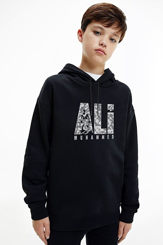 Unisex Kids Black Muhammad Ali Write Boxing Printed Hooded Sweatshirt