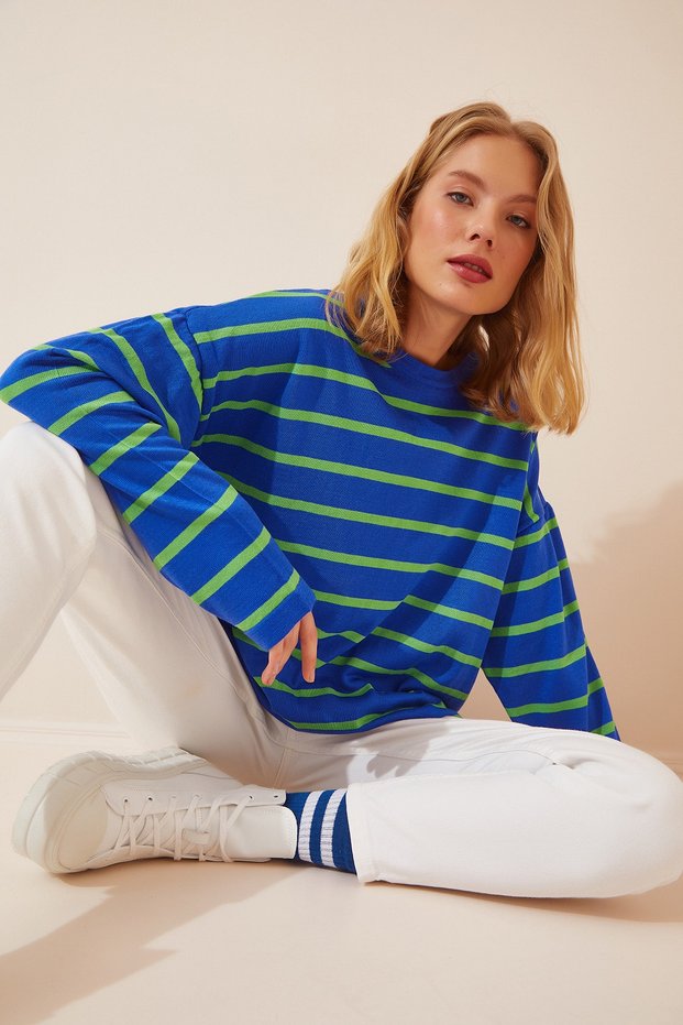 Women's Blue Striped Oversize Knitwear Sweater US00702