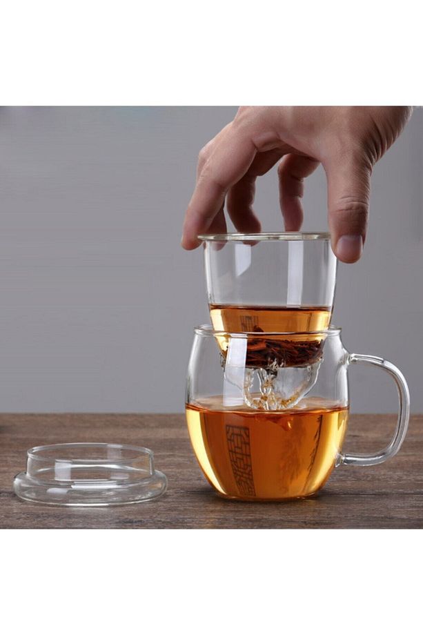 Linanware Cam Kapaklı Demleme Süzgeçli Isıya Dayanıklı Borosilikat Camdan Kupa Bardak 450 ml - 1