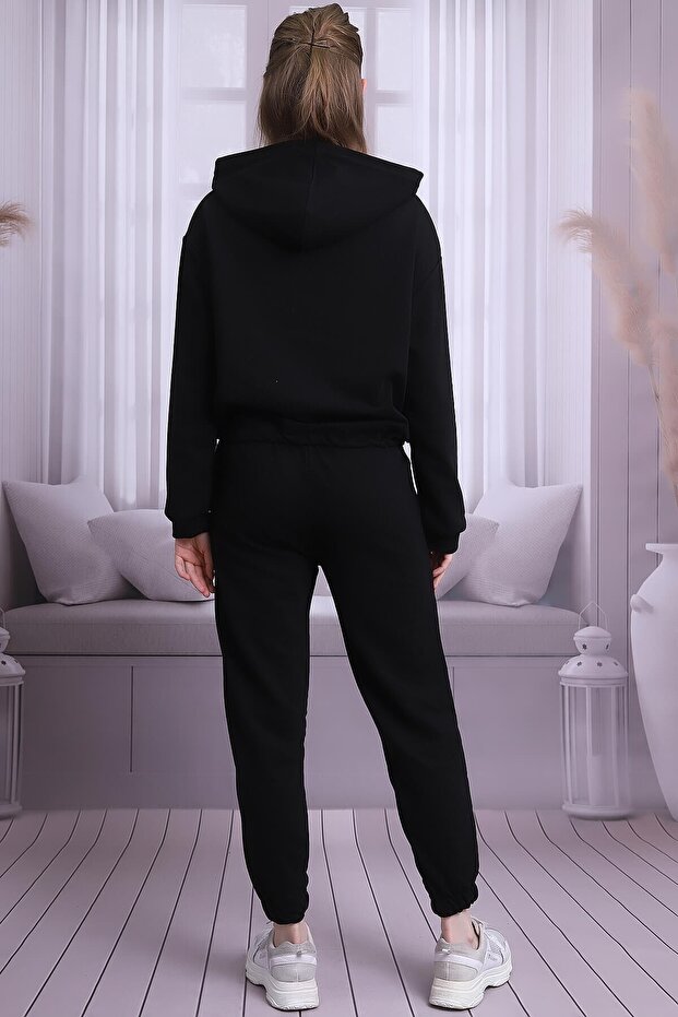 Black Reverse Print Waist and Leg Elastic Tracksuit Set - 4