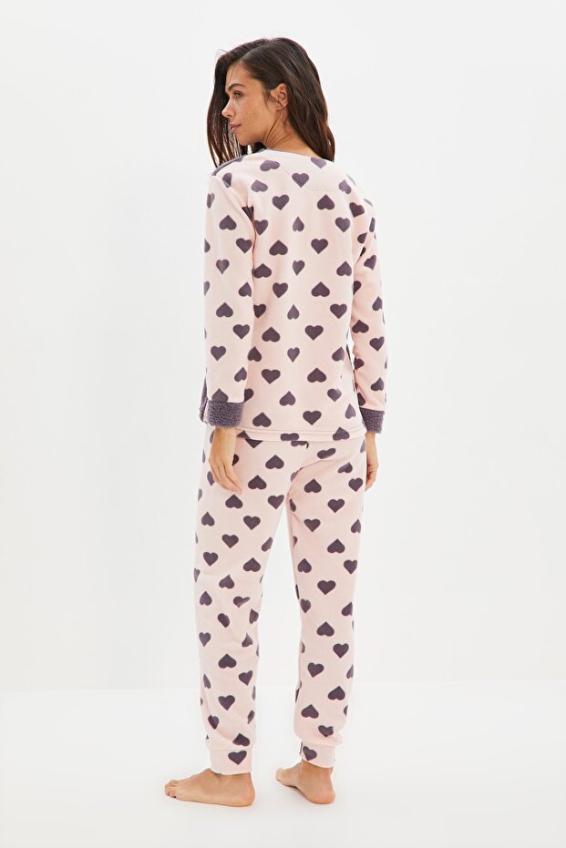 Füme Kalpli Kedi Nakışlı Uyku Bantlı Polar Kışlık Örme Pijama Takımı THMAW21PT0669 - 3