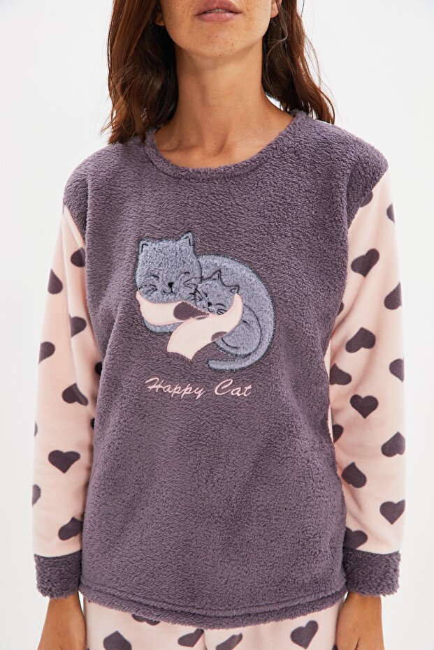 Füme Kalpli Kedi Nakışlı Uyku Bantlı Polar Kışlık Örme Pijama Takımı THMAW21PT0669 - 5
