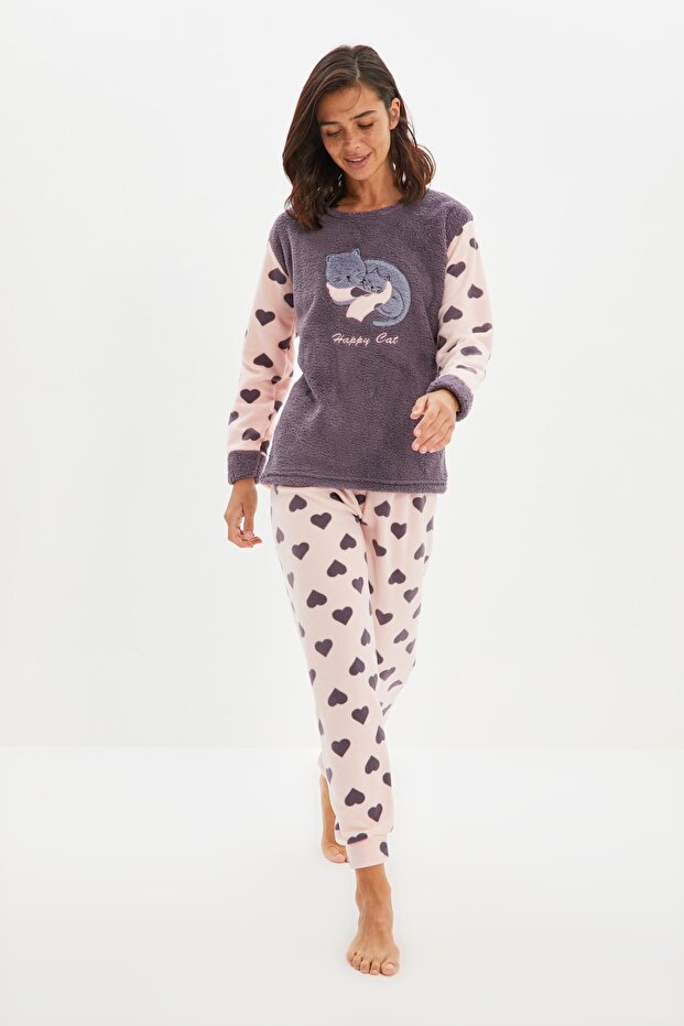 Füme Kalpli Kedi Nakışlı Uyku Bantlı Polar Kışlık Örme Pijama Takımı THMAW21PT0669 - 4