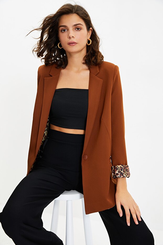 Kahverengi Regular Astar Detaylı Dokuma Blazer Ceket TWOAW20CE0316 - 4