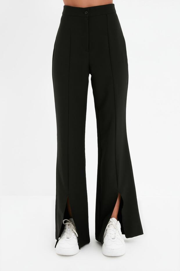 Siyah Flare İspanyol Paça Paçası Yırtmaç Detaylı Bootcut Dokuma Kumaş Pantolon TWOAW22PL0046 - 8