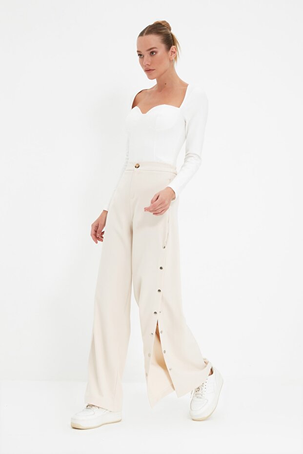 Taş Wide Leg/Geniş Paça Yanları Düğmeli Dokuma Kumaş Pantolon TWOSS20PL0398 - 1