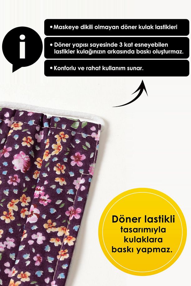 Konfor Modeli 3 Katlı Telli Mor Renkli Çiçekli Desenli Unisex Pamuklu Kumaş Yıkanabilir Bez Maske - 5
