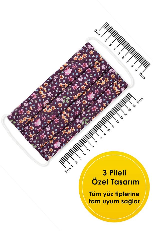 Konfor Modeli 3 Katlı Telli Mor Renkli Çiçekli Desenli Unisex Pamuklu Kumaş Yıkanabilir Bez Maske - 6