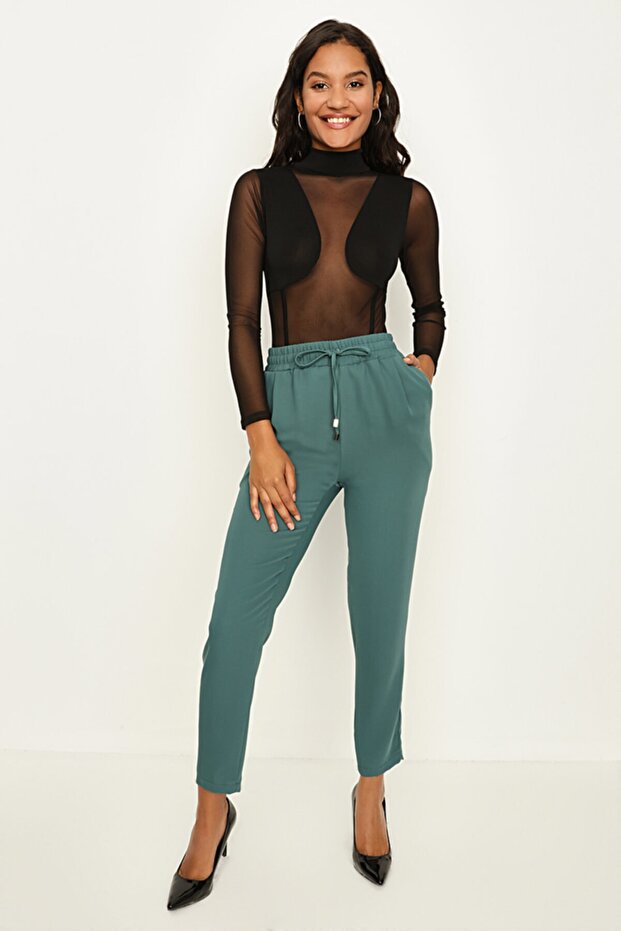 Women's Petrol Green Elastic Waist Relaxed Cut Trousers