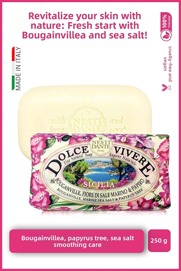 Dolce Vivere Sicilia Solid Soap 250 Gr | Bougainvillea and Sea Salt | Firming Agent | Bath Soap