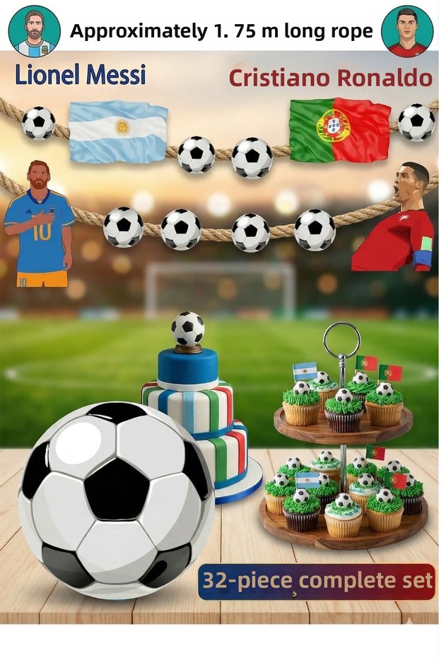 Ronaldo Messi 32 Piece Football Birthday Ornament Banner Cake Topper Cupcake Ornament