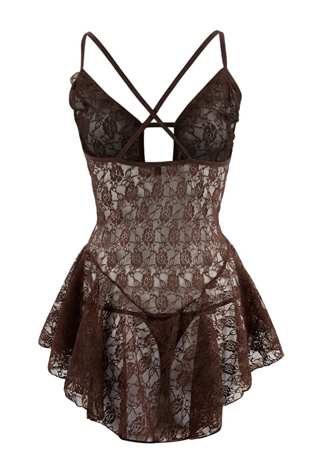 Kahverengi Pencere/Cut Out Detaylı Külotlu Dantelli Babydoll/Fantezi Gecelik THMSS25CY00004 - 4