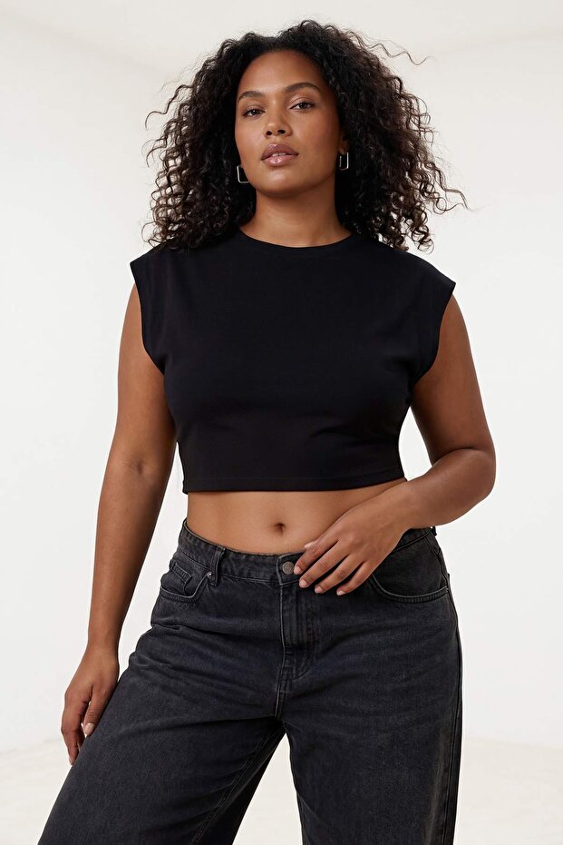 Siyah Viskon Ribana Süper Crop Basic Örme Büyük Beden Bluz TBBSS26AF00066 - 1